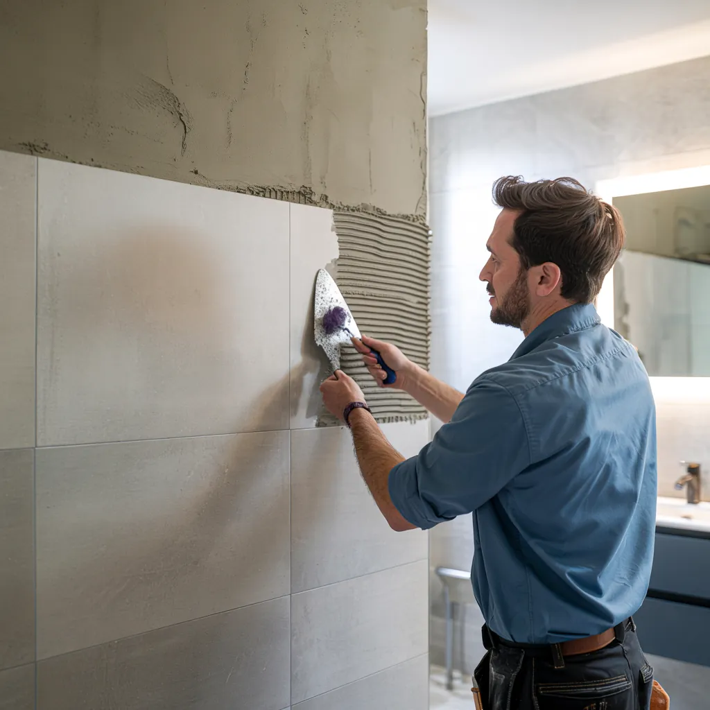 Large-format wall tiles going up in a Rugeley bathroom